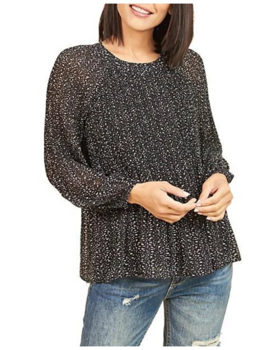 NWOT DR2 by Daniel Rainn Long Sleeve Blouse Top Black and White Dots